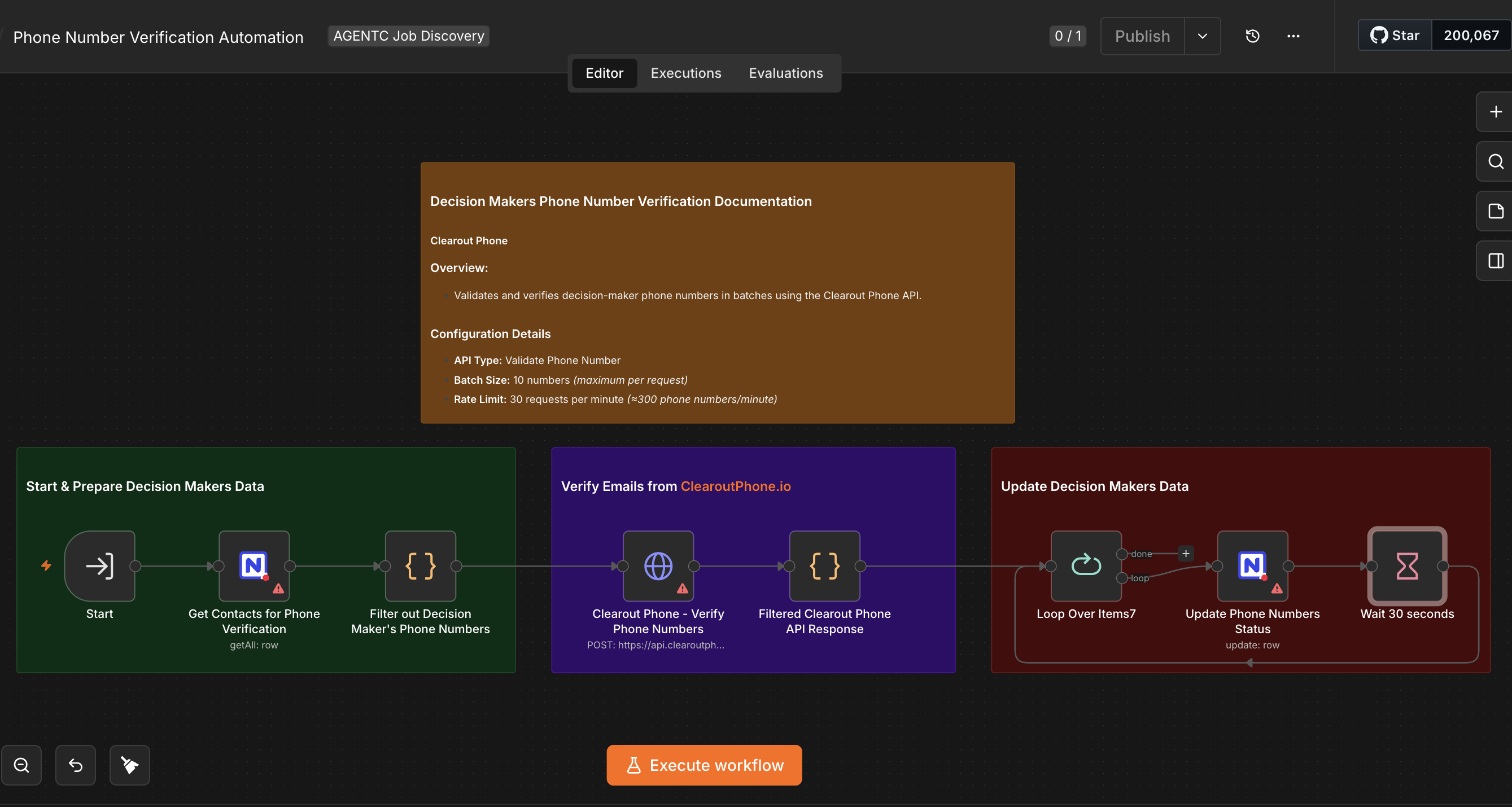 Phone Number Verification Automation canvas — batch-validating decision-maker phone numbers via the Clearout Phone API and updating their status