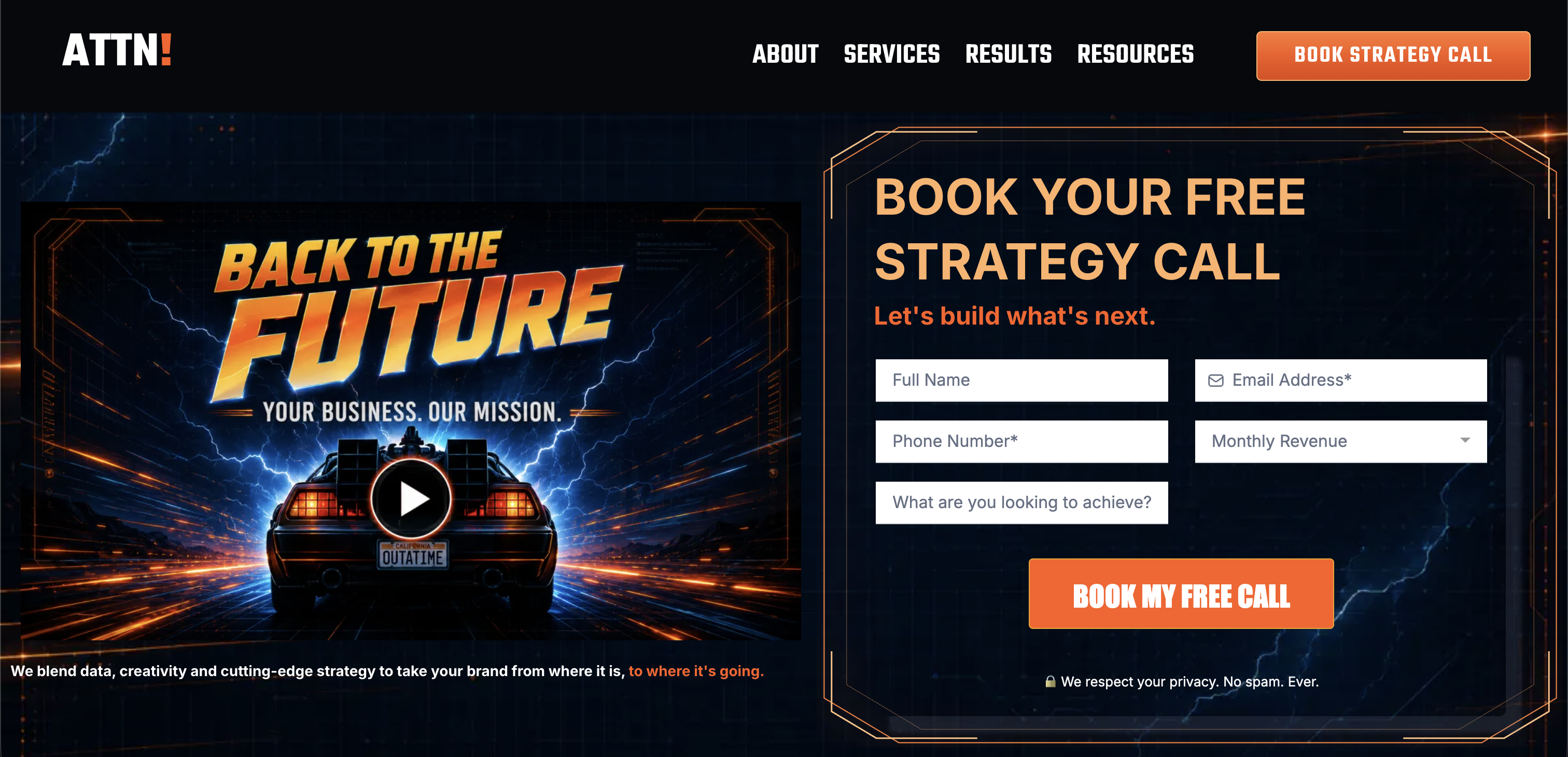 ATTN homepage hero with a "Back to the Future" themed video panel and a free strategy call booking form