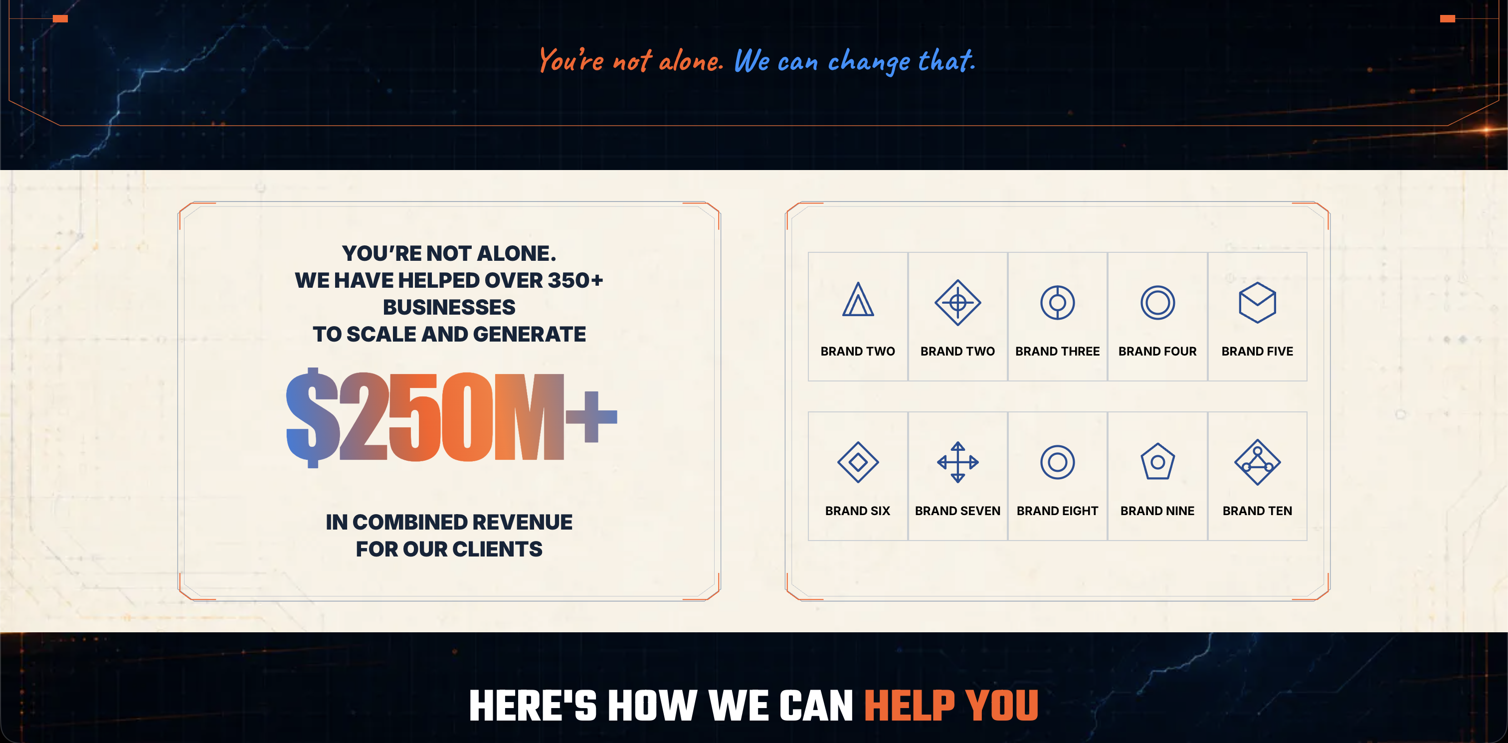 Results panel citing $250M+ in combined client revenue alongside a ten-brand logo grid