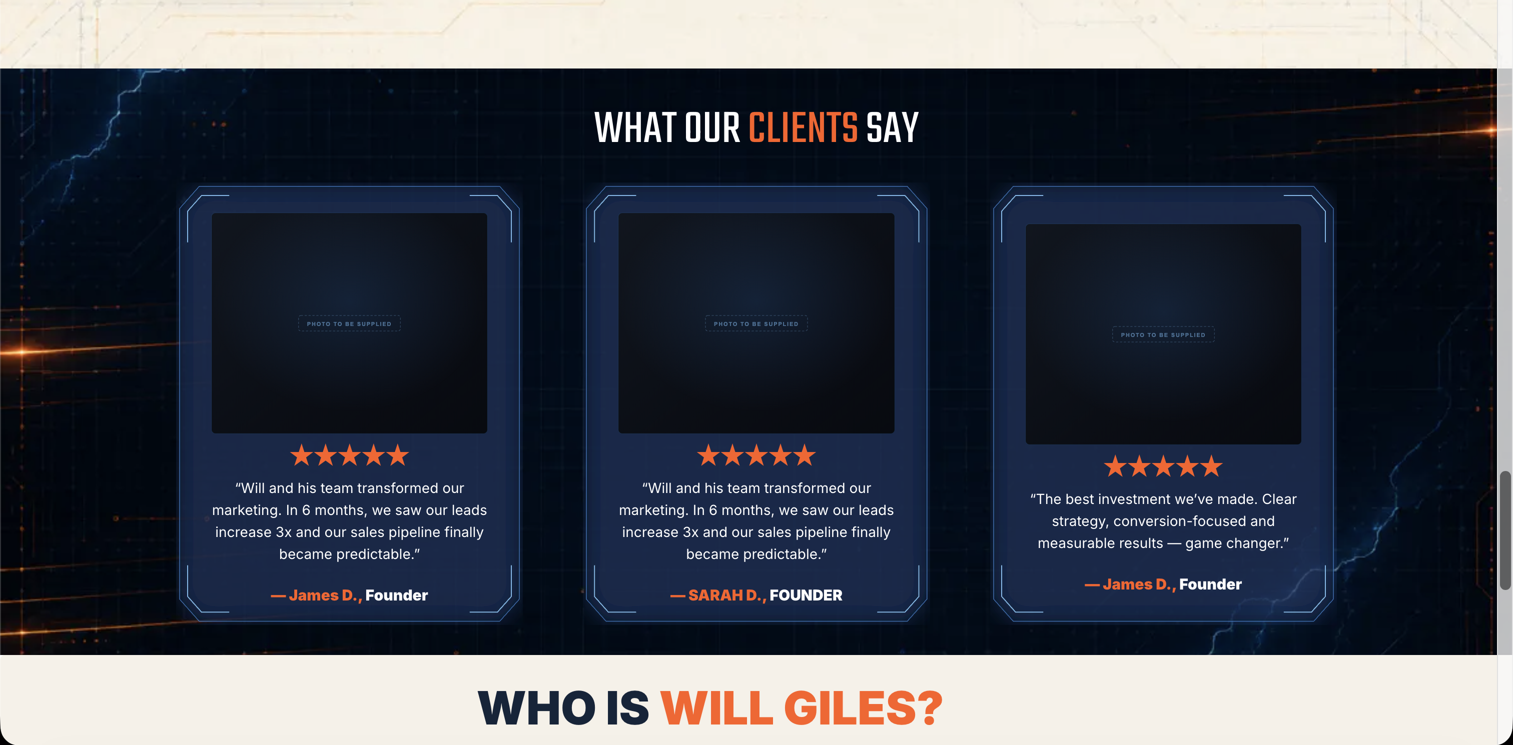 Client testimonials section with three five-star review cards
