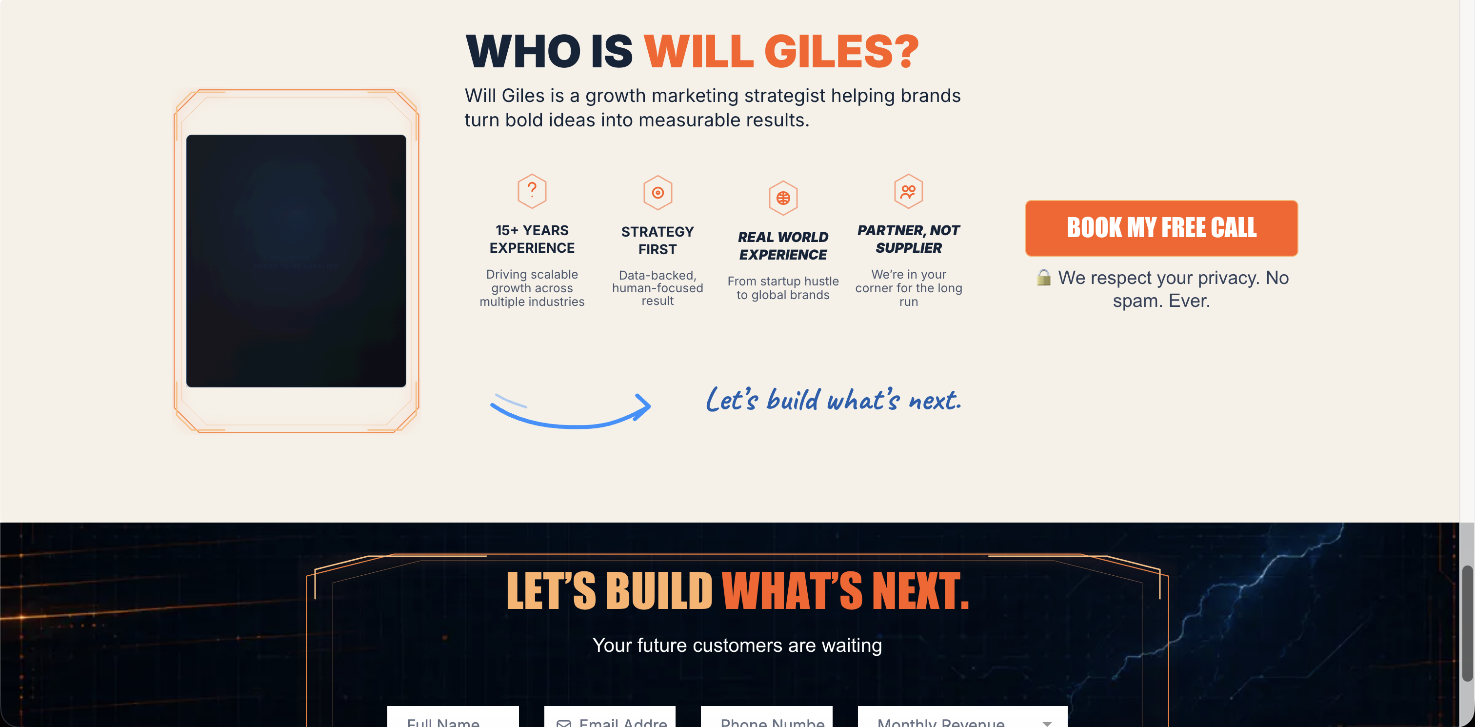 "Who is Will Giles" bio section with four credibility points and a book-a-call button