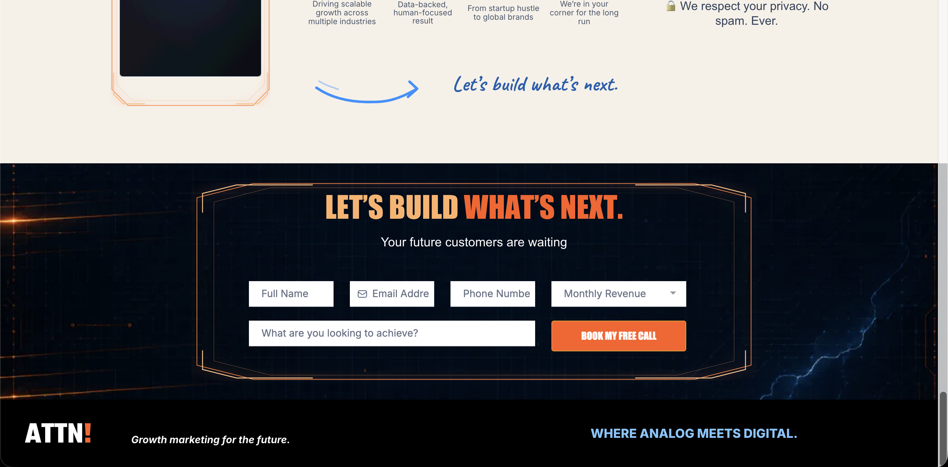Final "let's build what's next" call-to-action form above the site footer