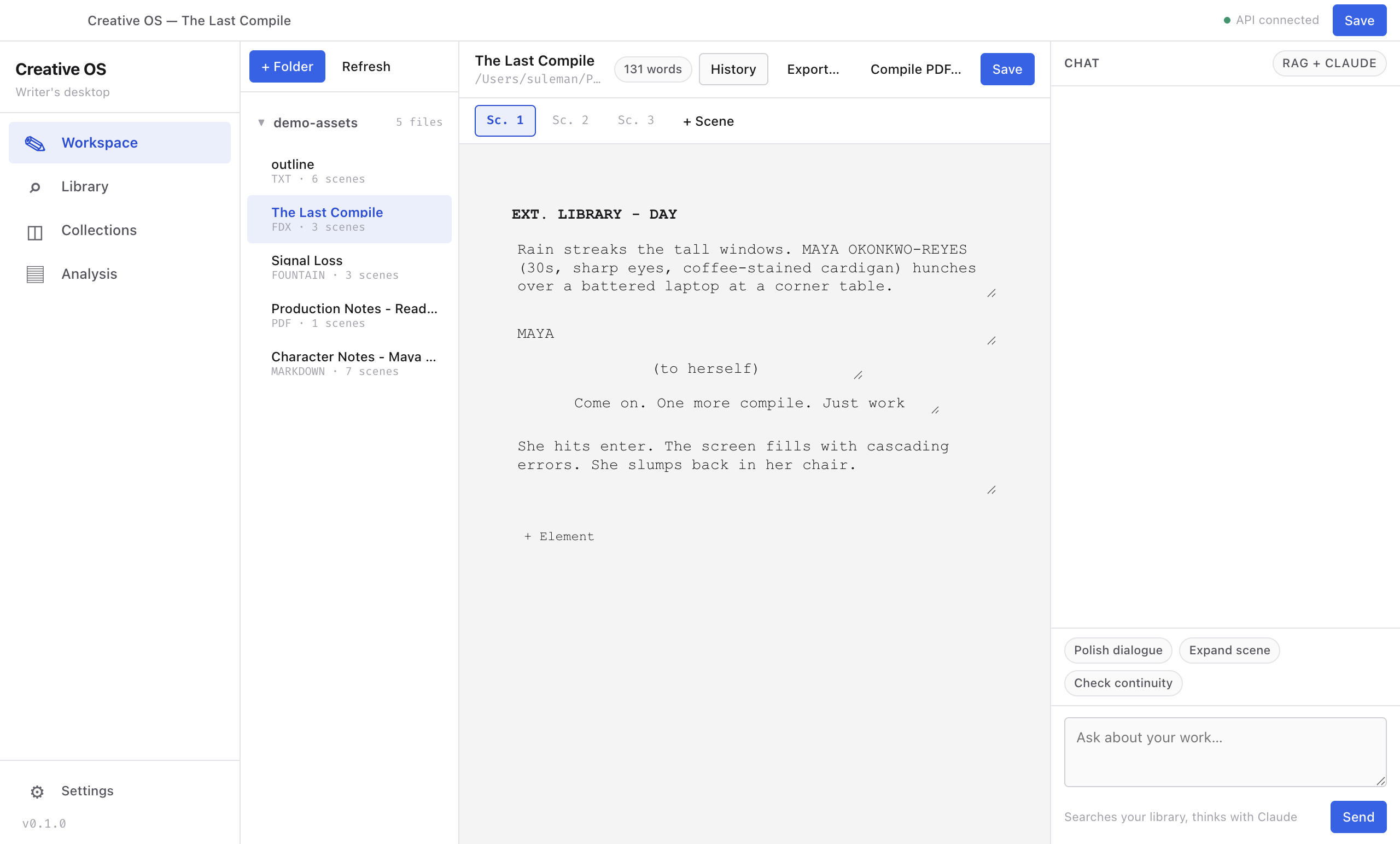 Workspace view with a Final Draft screenplay open in the scene editor, AI actions, and a chat panel alongside