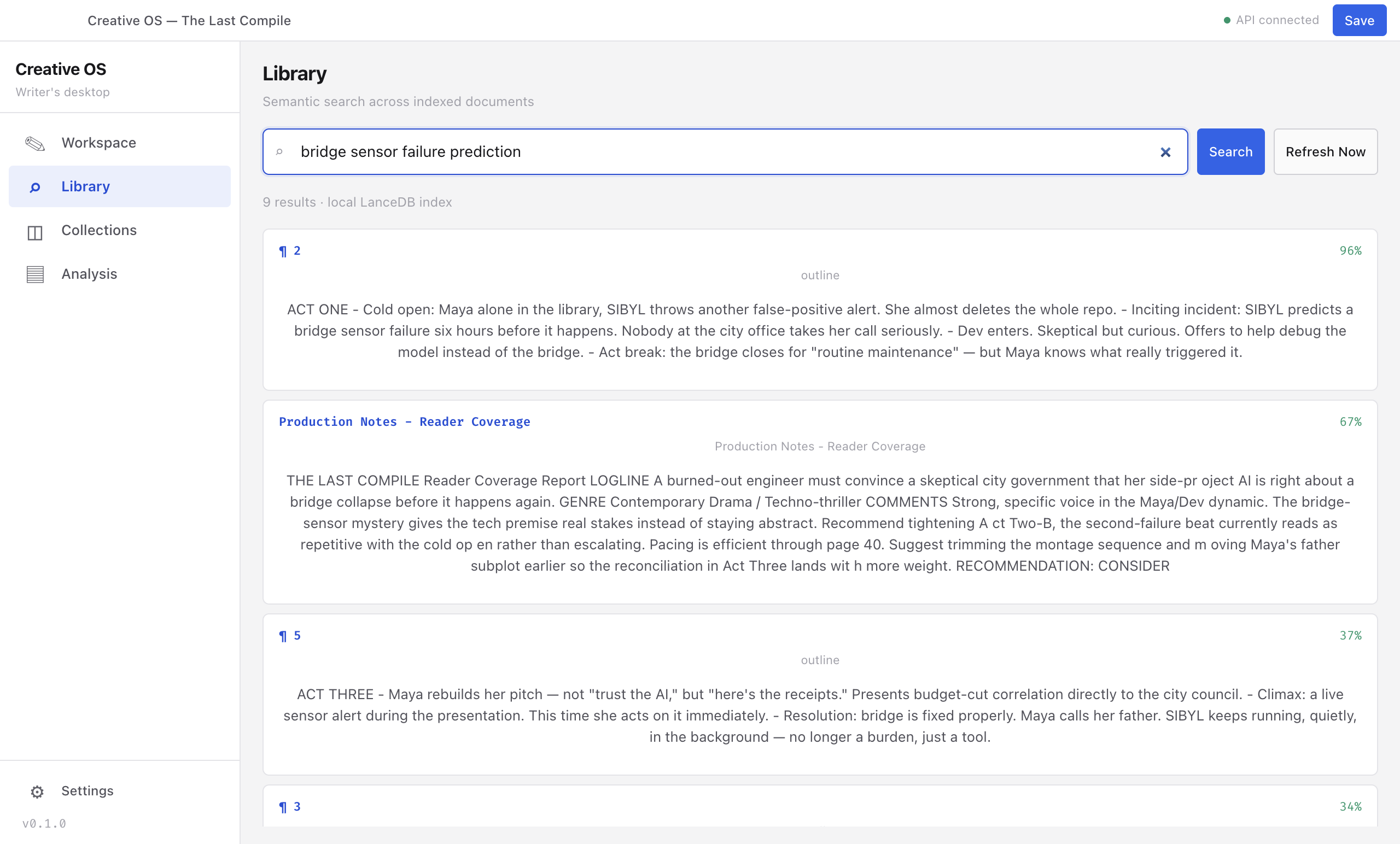 Library semantic search returning ranked results across indexed screenplay, outline, and production notes documents for a natural-language query
