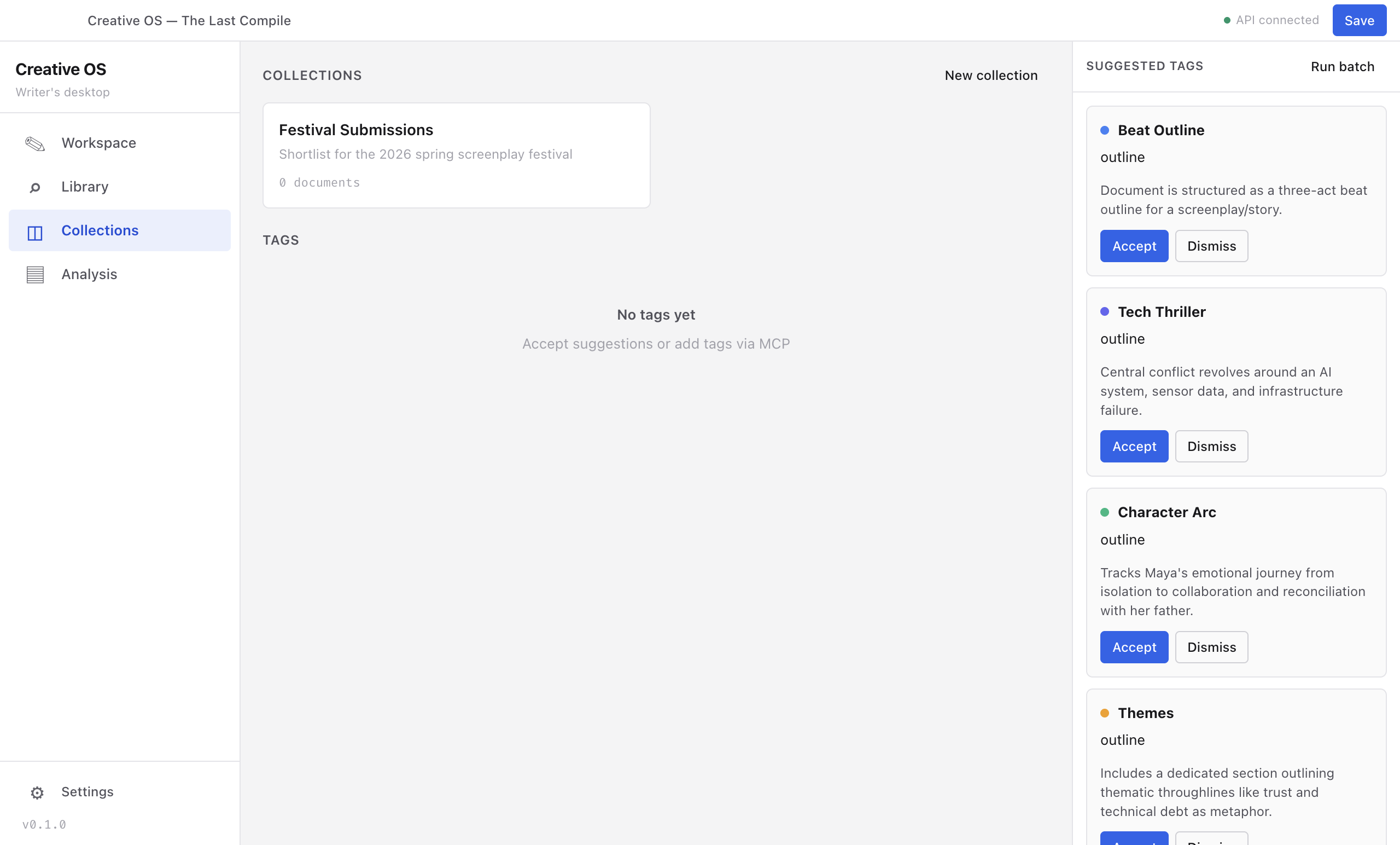 Collections page with a Festival Submissions collection and AI-suggested tags — Beat Outline, Tech Thriller, Character Arc, Themes — awaiting accept or dismiss