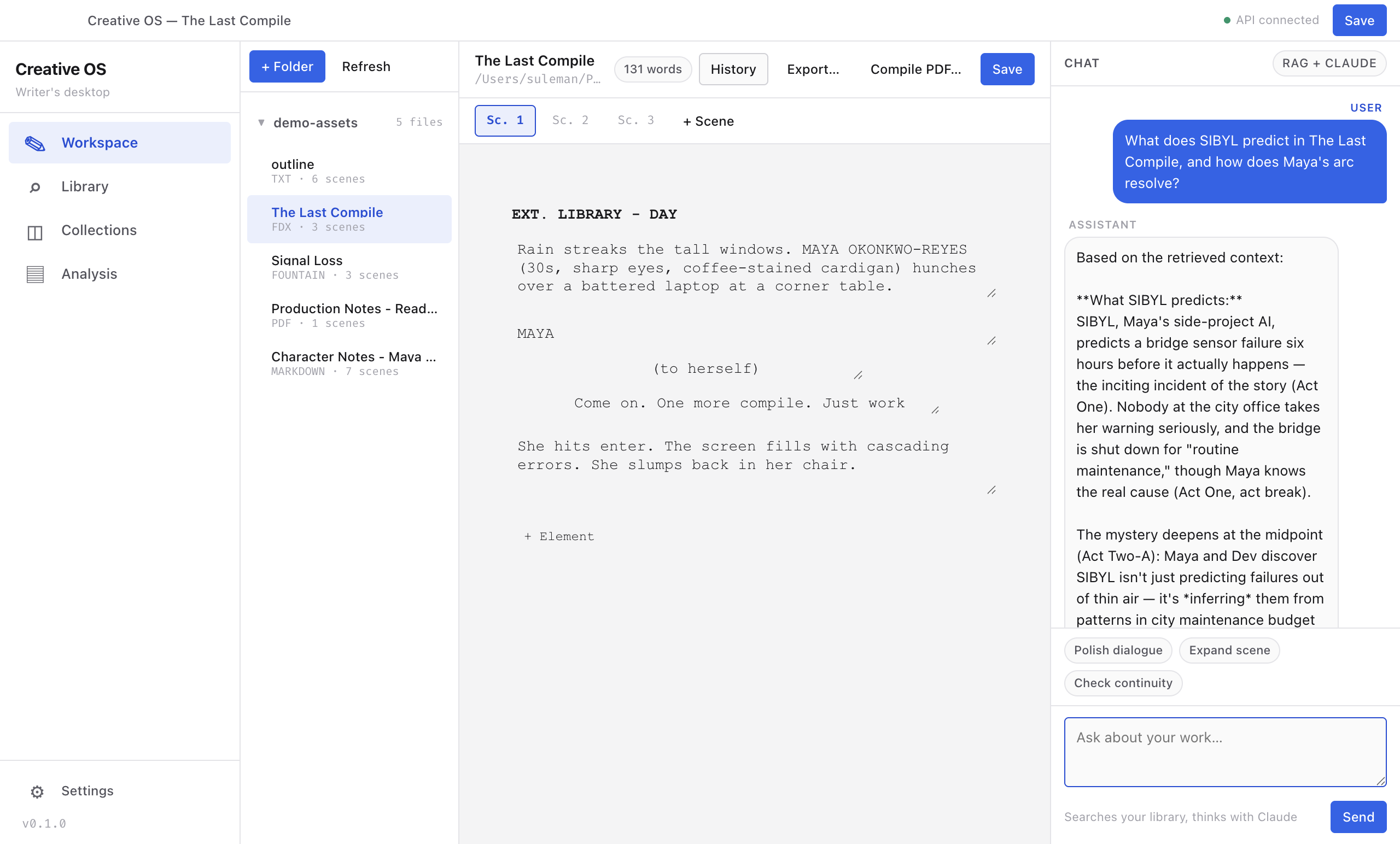 RAG + Claude chat answering a question about the screenplay's plot with an answer grounded in the indexed script and outline
