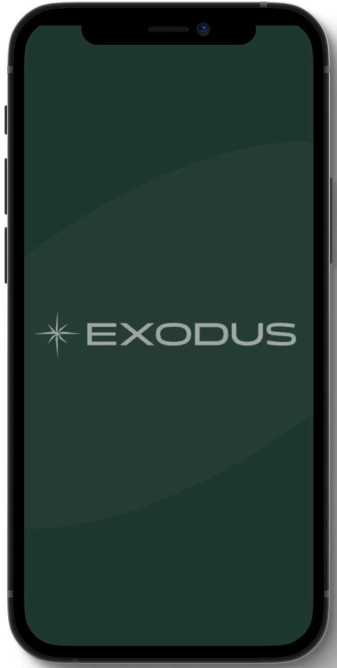 Exodus App splash screen with the full compass-star logo and "EXODUS" wordmark