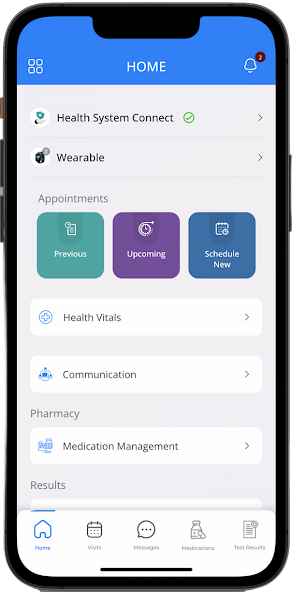 Home dashboard with Health System Connect and Wearable rows, Previous/Upcoming/Schedule New appointment shortcuts, and Health Vitals, Communication, and Medication Management links