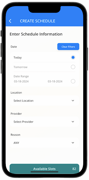 Create Schedule form for entering appointment date, location, provider, and reason, with an available-slots count at the bottom