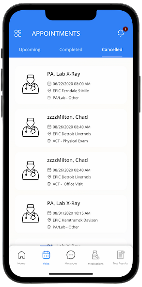 Appointments screen on the Cancelled tab, listing lab, X-ray, and office-visit appointments with dates and locations