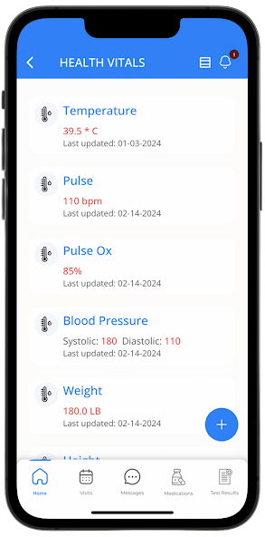 Health Vitals list showing temperature, pulse, pulse ox, blood pressure, and weight readings with last-updated dates