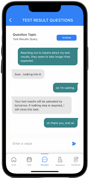 Test Result Questions message thread between a patient and their care team about delayed test results