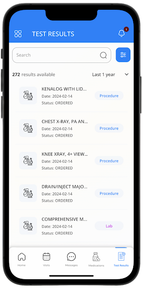 Test Results screen with a search bar and a filtered list of ordered lab and imaging results