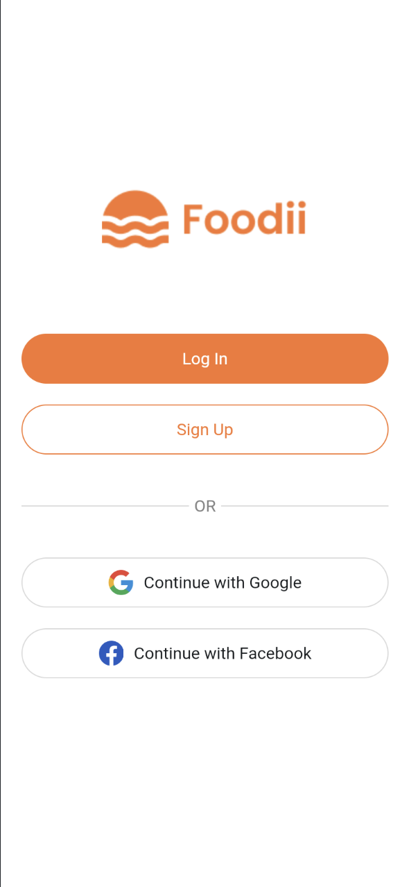 Welcome screen with Log In and Sign Up buttons plus continue with Google or Facebook options