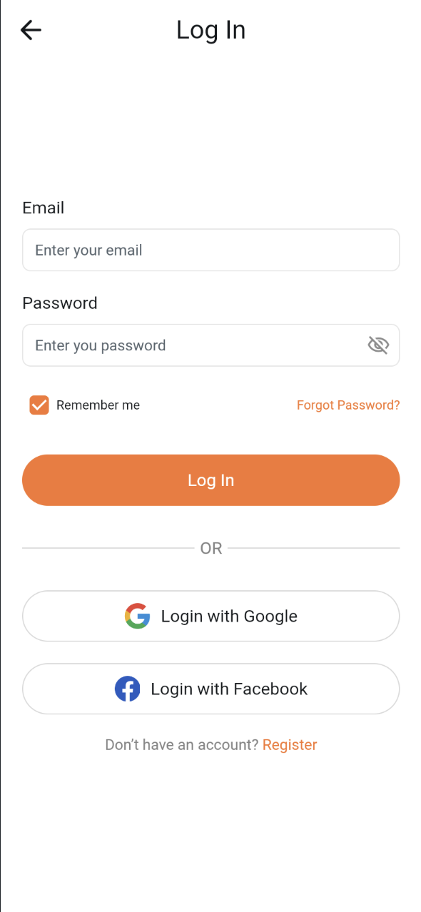 Login screen with email and password fields, remember me, and forgot password