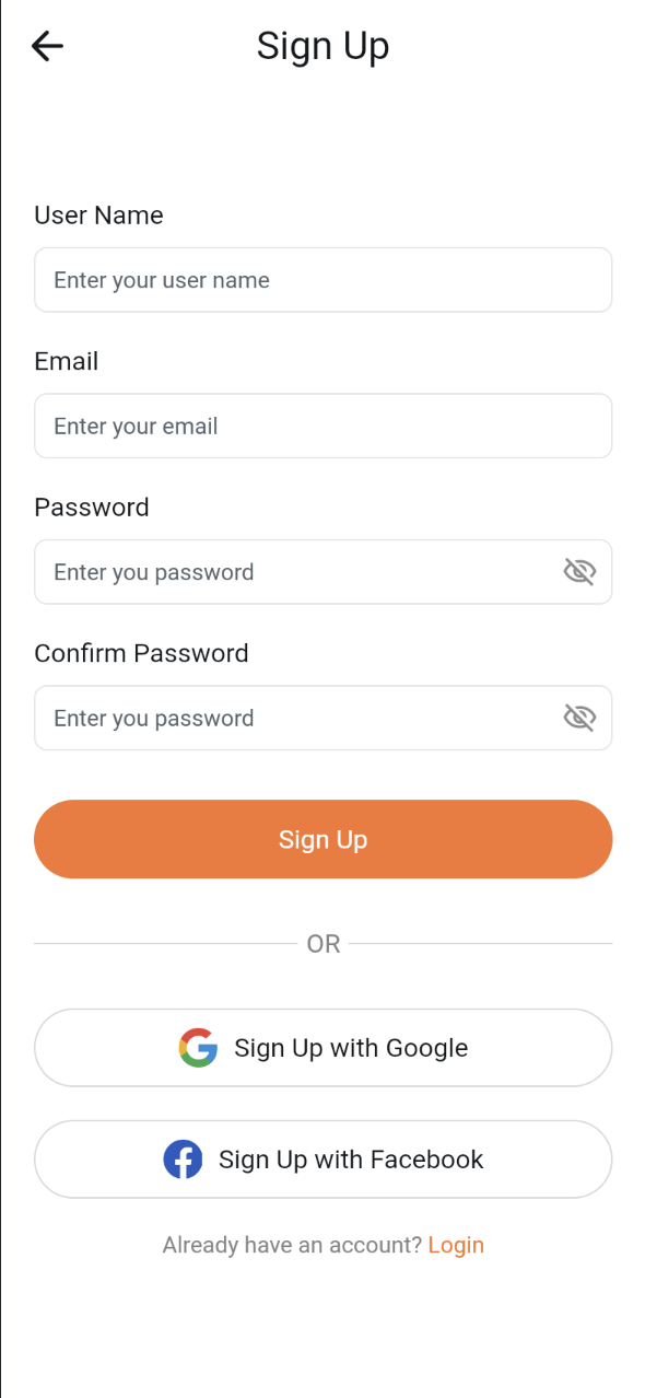 Sign up form with user name, email, password, and confirm password fields