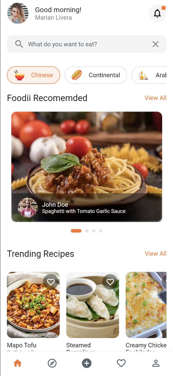 Home dashboard with a morning greeting, cuisine filter chips, a Foodii Recommended carousel, and a Trending Recipes grid