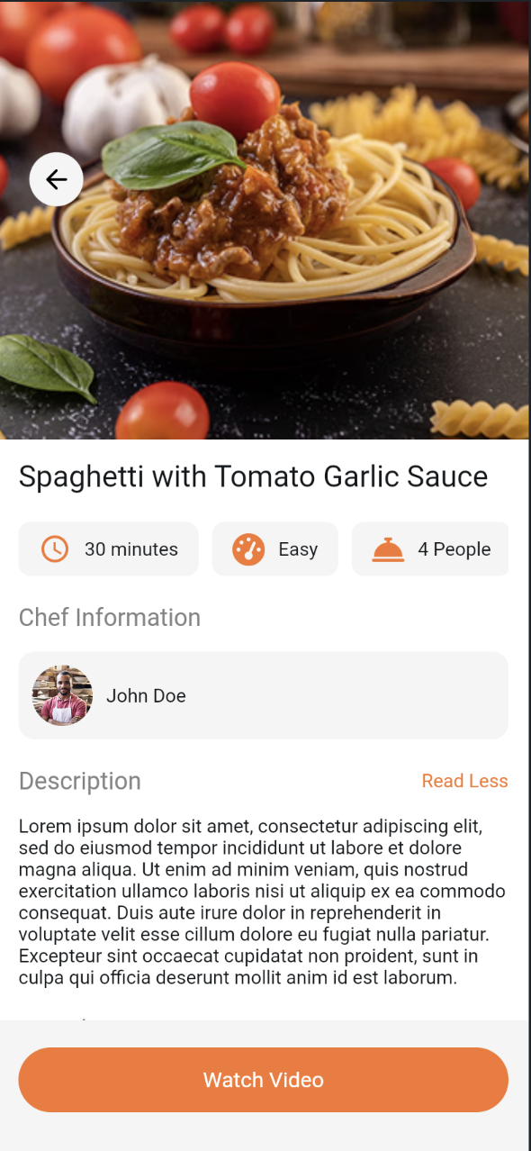 Recipe detail page for Spaghetti with Tomato Garlic Sauce, with cook time, difficulty, and serving badges, chef info, and description