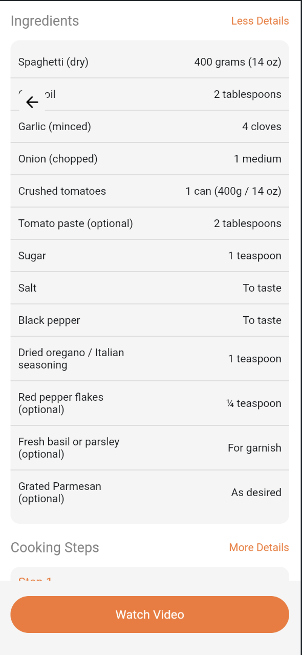 Recipe detail Ingredients list with quantities, and a preview of the Cooking Steps section below