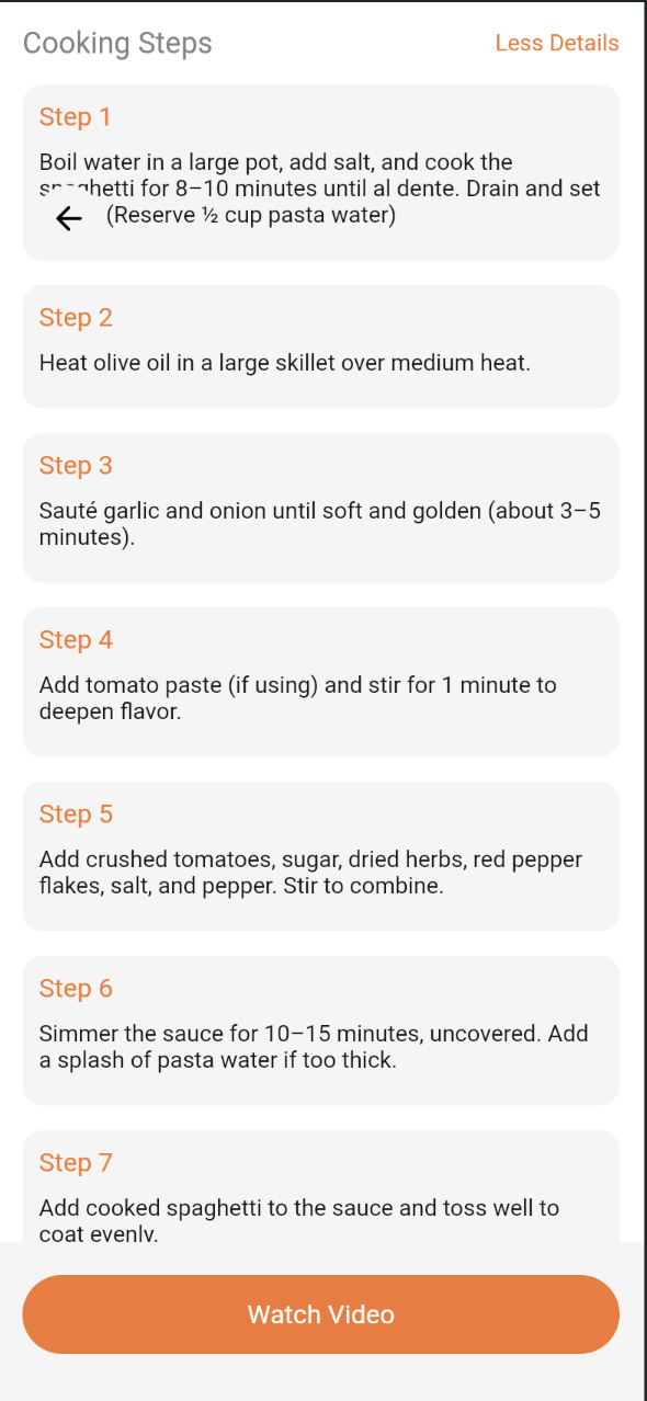 Recipe detail Cooking Steps list with all 7 numbered steps expanded