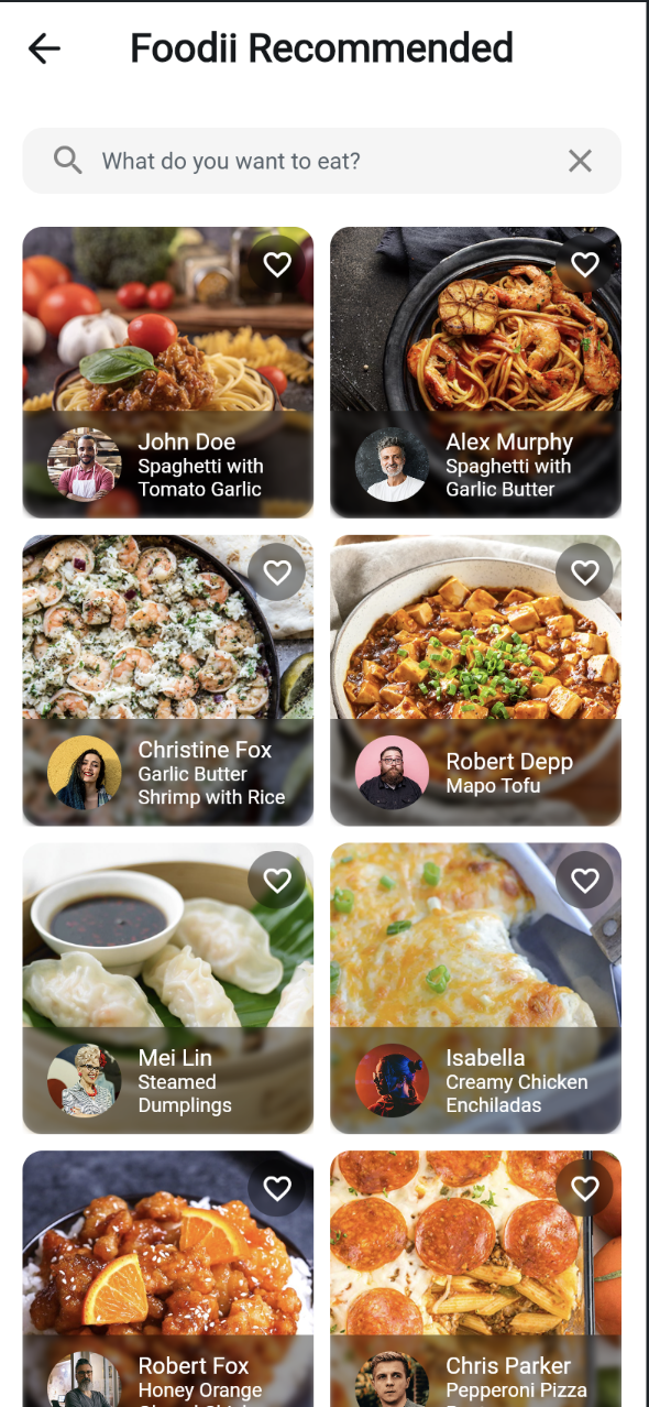 Foodii Recommended full grid of recipe cards with chef avatars and names