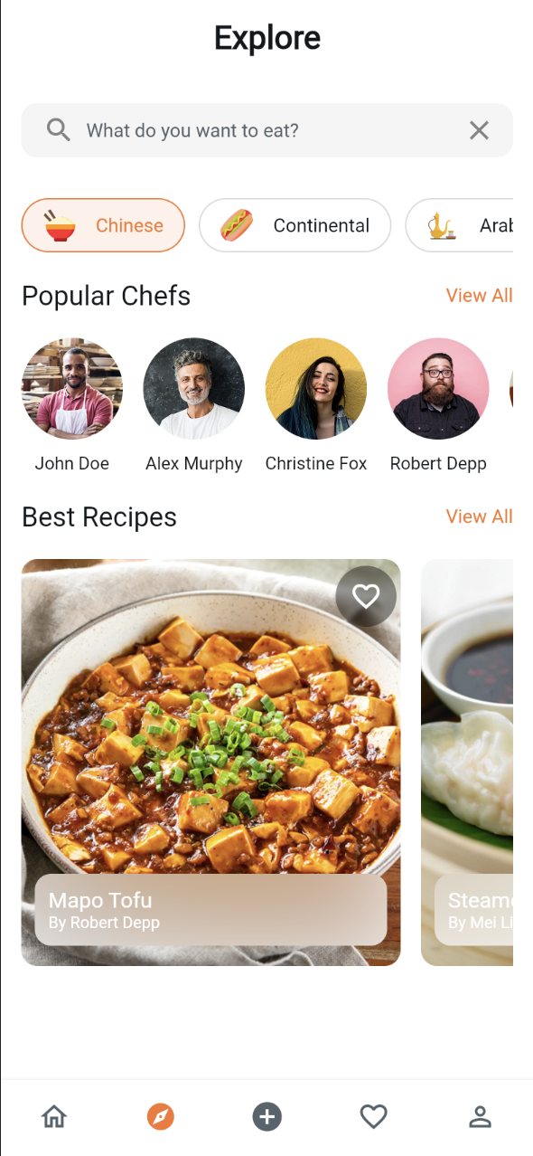 Explore tab with cuisine filter chips, a Popular Chefs row, and a Best Recipes row