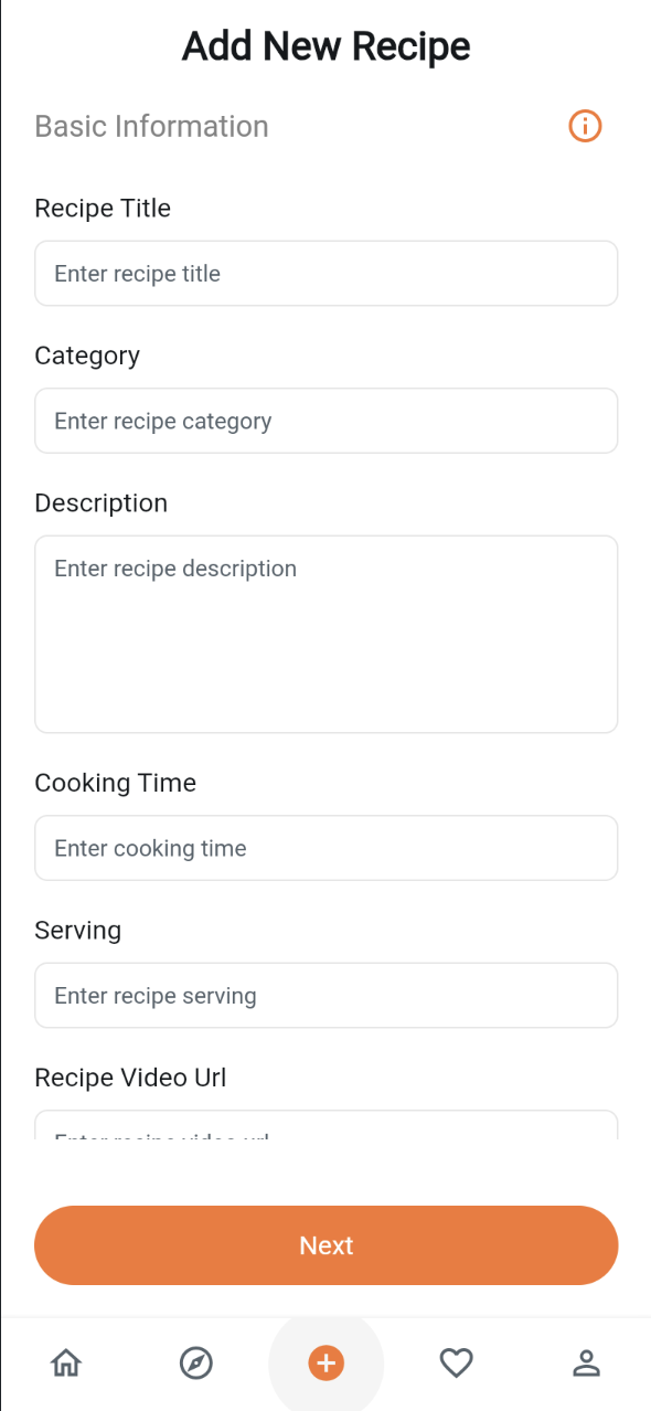 Add New Recipe form for title, category, description, cooking time, serving, and video URL