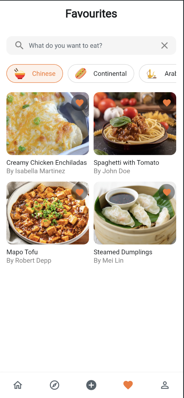 Favourites tab showing saved recipe cards with chef names