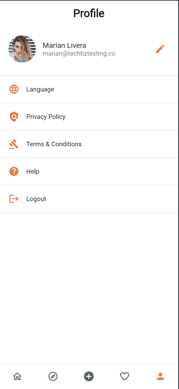 Profile screen with account info and language, privacy policy, terms, help, and logout options