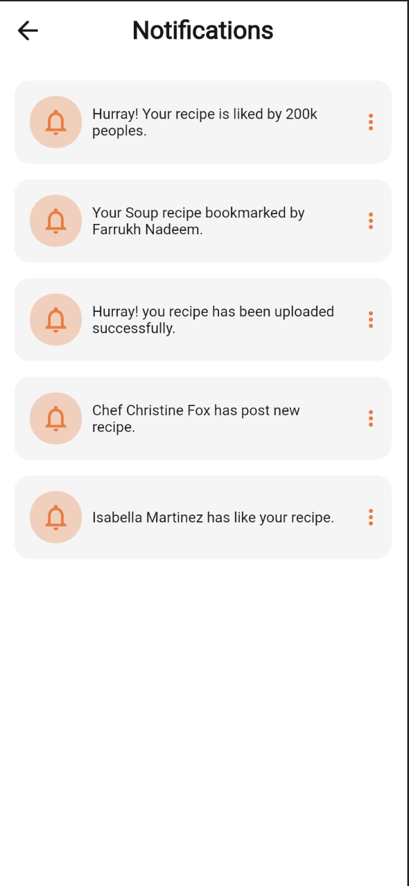 Notifications screen listing recipe likes, bookmarks, uploads, and new posts from chefs