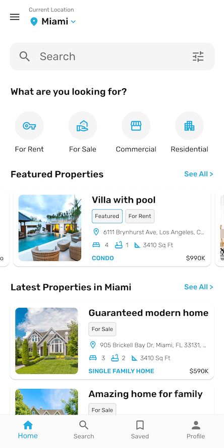 Houzi home screen for Miami with For Rent/For Sale/Commercial/Residential shortcuts, Featured Properties, and Latest Properties in Miami