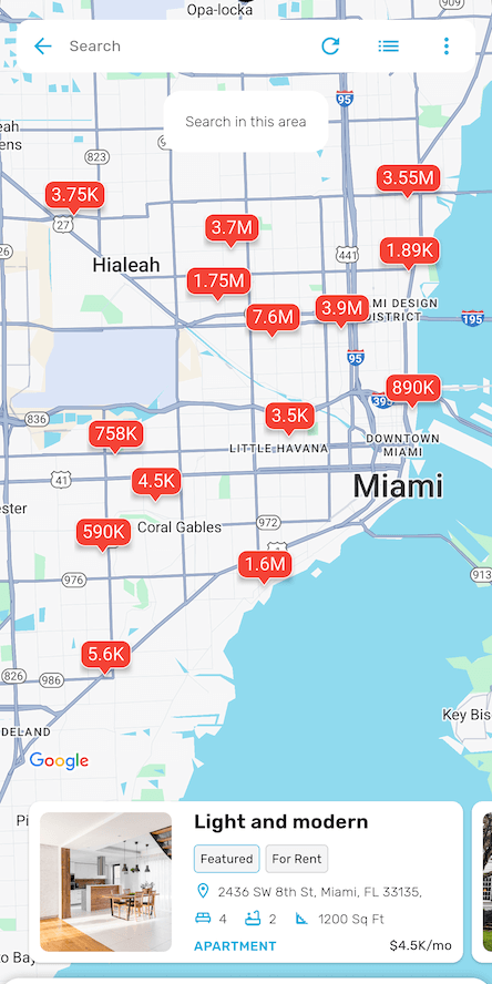 Map search screen with price-tagged property pins across Miami and a property card preview at the bottom