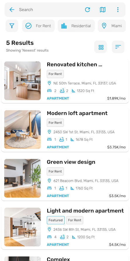 Search results list showing 5 for-rent residential properties in Miami with photos, price, and specs