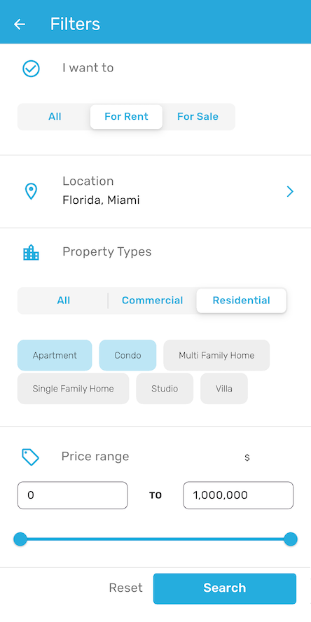 Filters screen for rent/sale type, location, property type, and price range