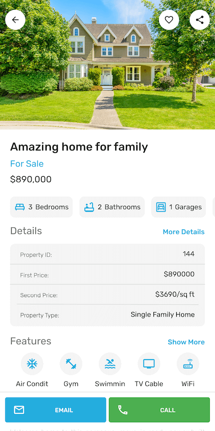 Property detail page for a single-family home for sale, with photo, price, bedroom/bathroom/garage counts, and a details table