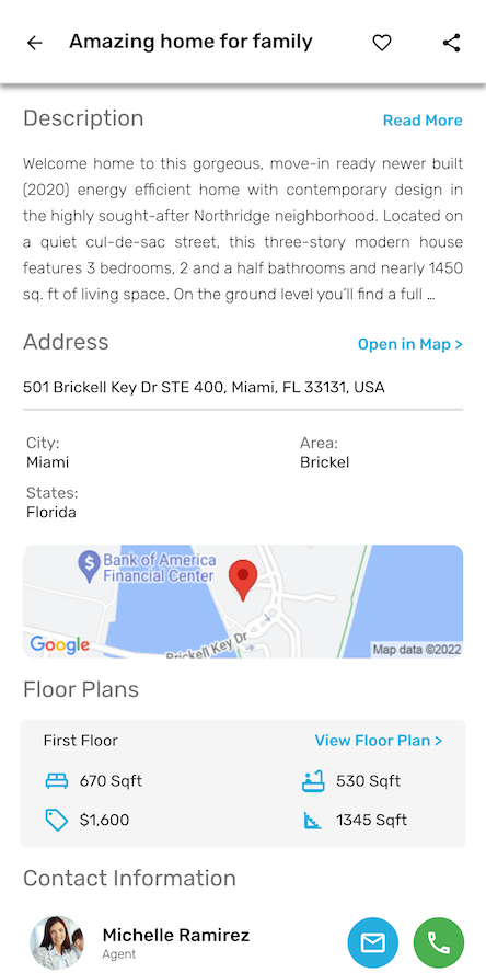 Property detail page continued — description, address with map, floor plans, and agent contact information
