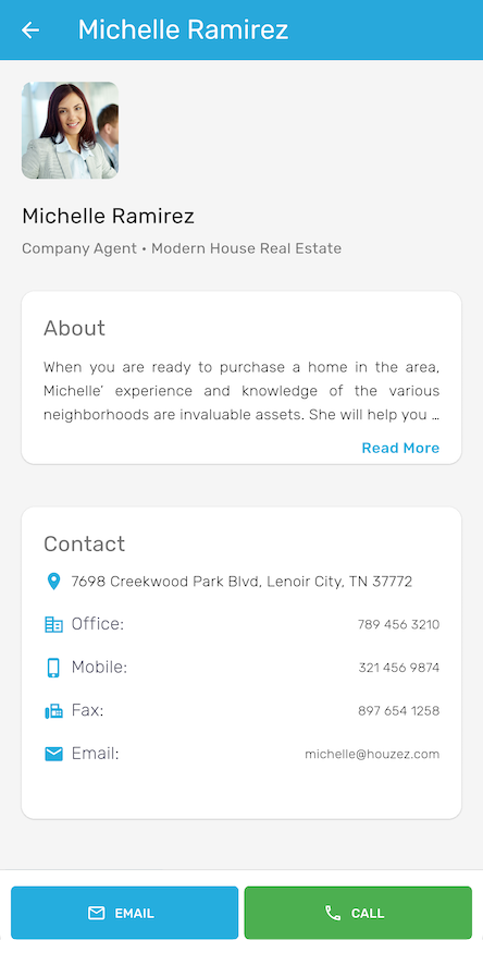 Agent profile page with an about section and contact details for a company agent