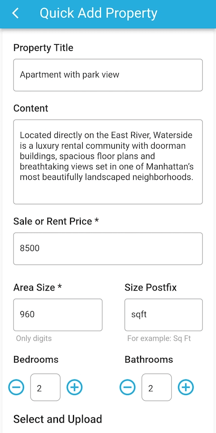 Quick Add Property form for agents, with title, description, price, area size, and bedroom/bathroom fields