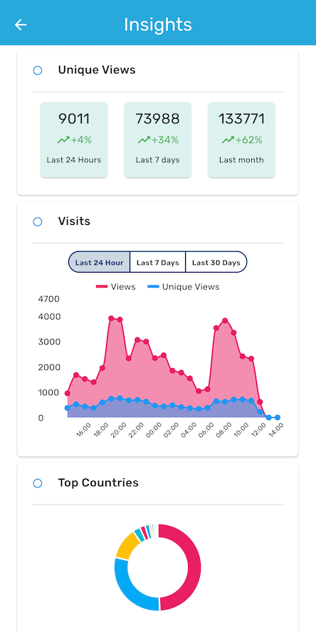Insights dashboard with unique view counts, a visits chart, and a top-countries breakdown