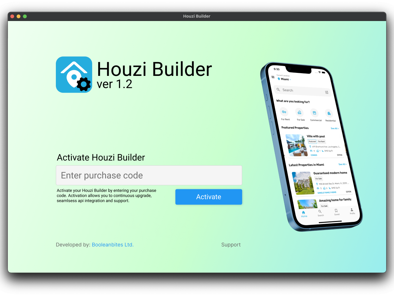HouziBuilder desktop app activation screen with a purchase-code entry field