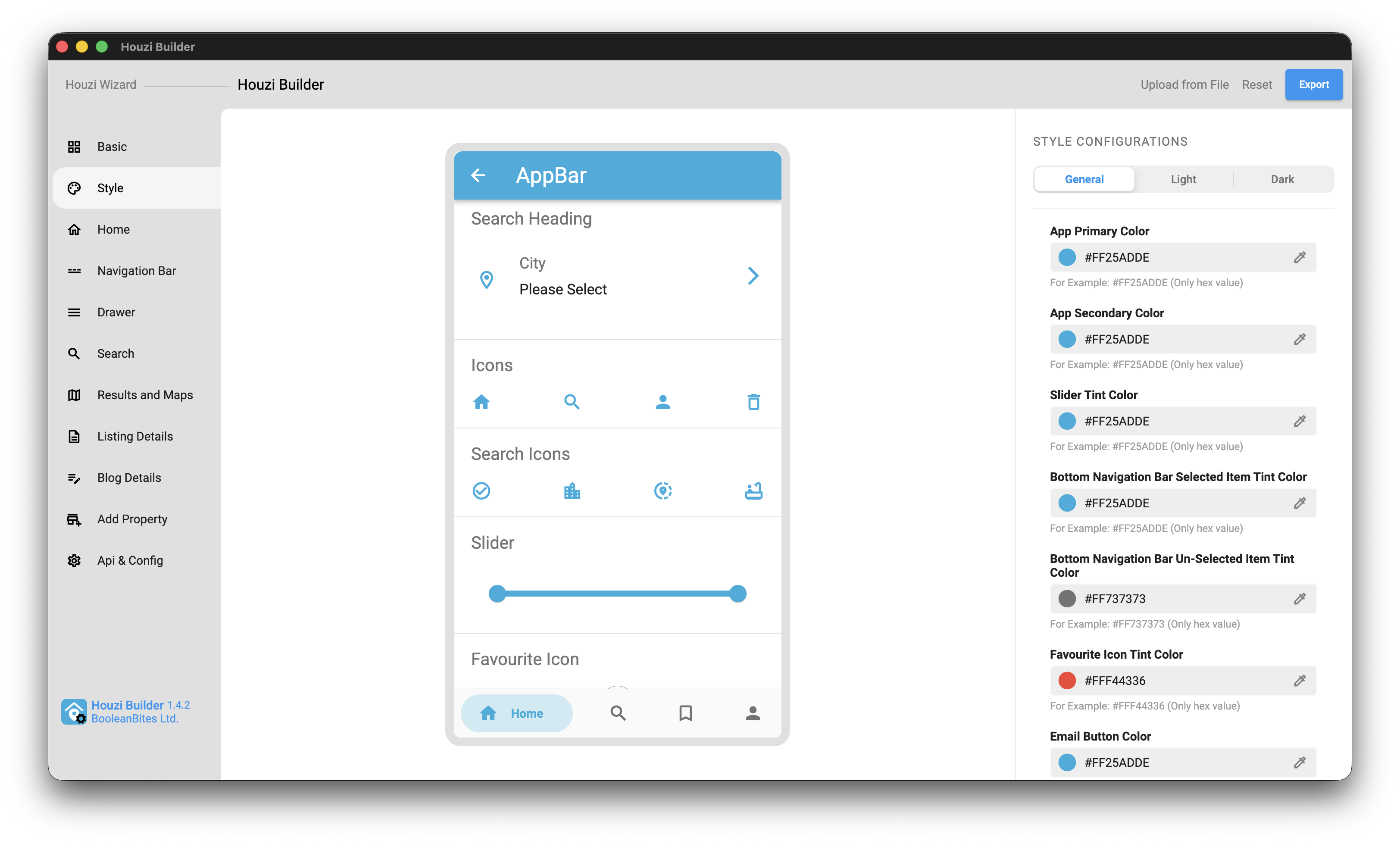Style tab with an AppBar preview and hex color pickers for primary, secondary, slider, and icon tint colors