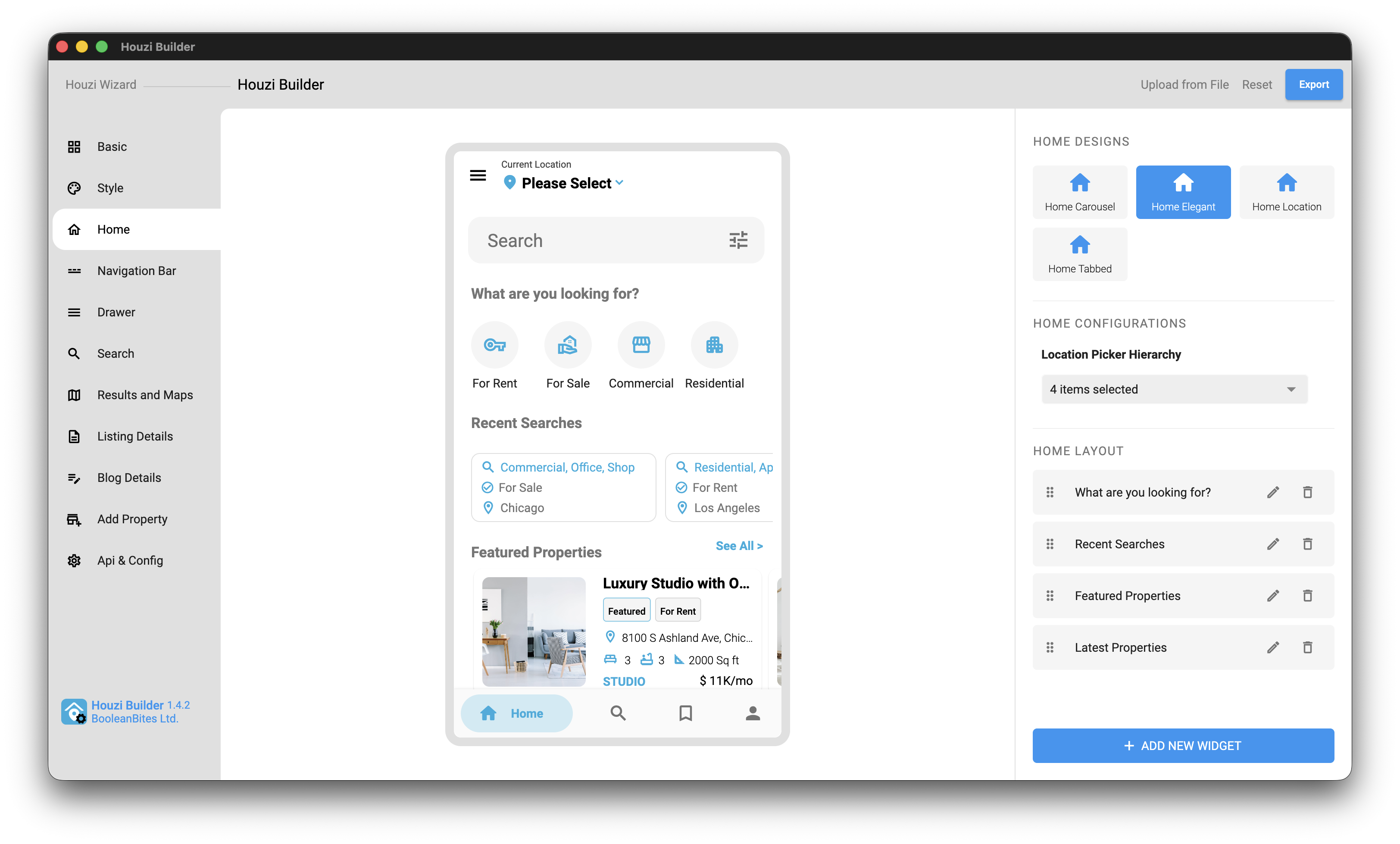 Home tab with four selectable home-screen designs — Carousel, Elegant, Location, Tabbed — and a drag-and-drop layout list