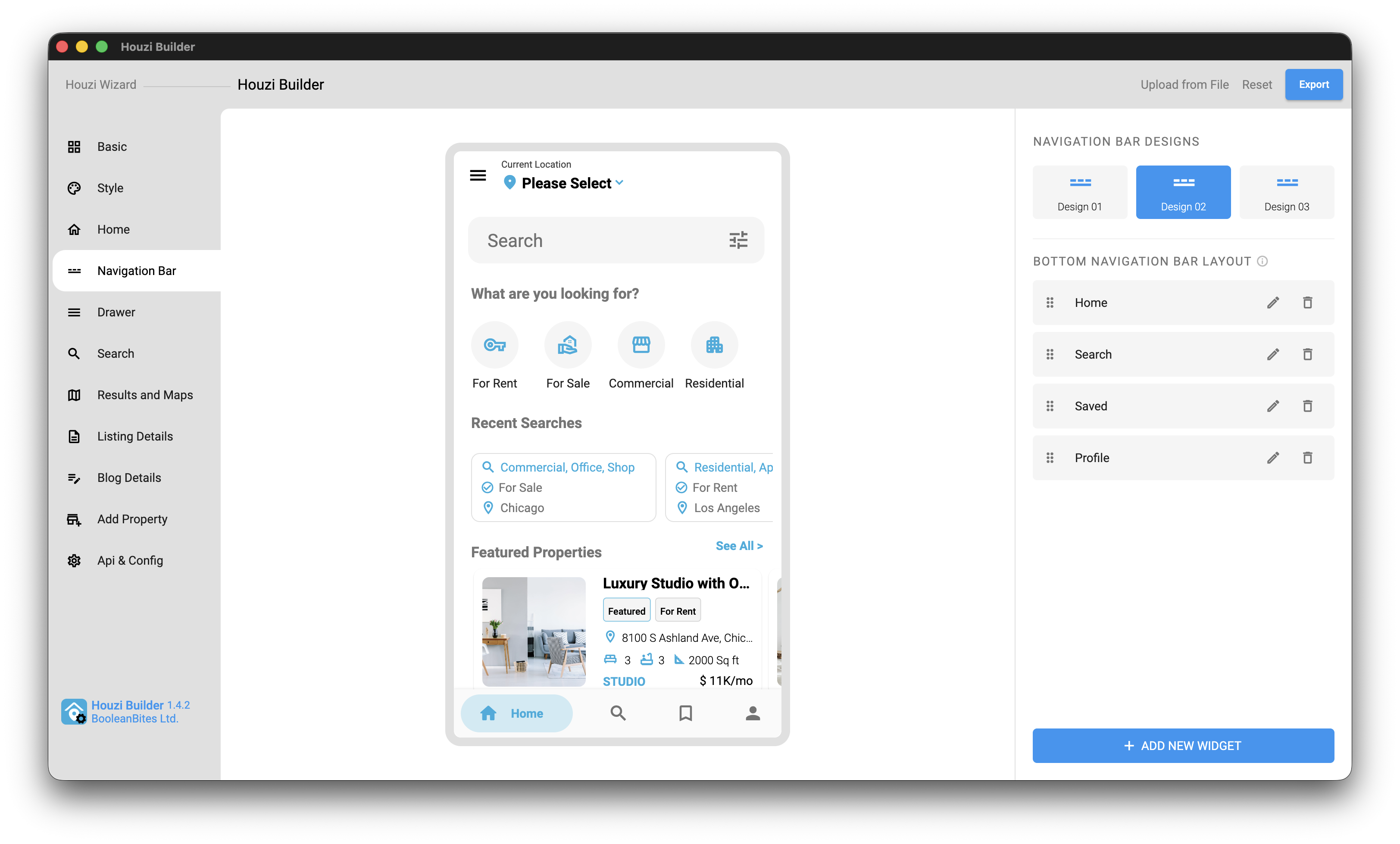 Navigation Bar tab with three selectable bottom nav bar designs and a drag-and-drop layout list