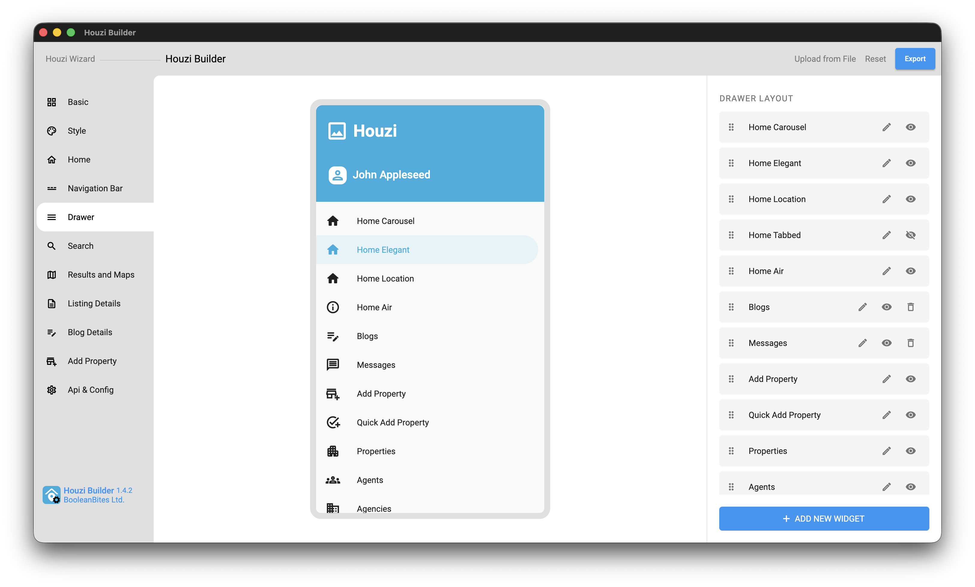 Drawer tab showing the side menu preview alongside a drag-and-drop Drawer Layout widget list