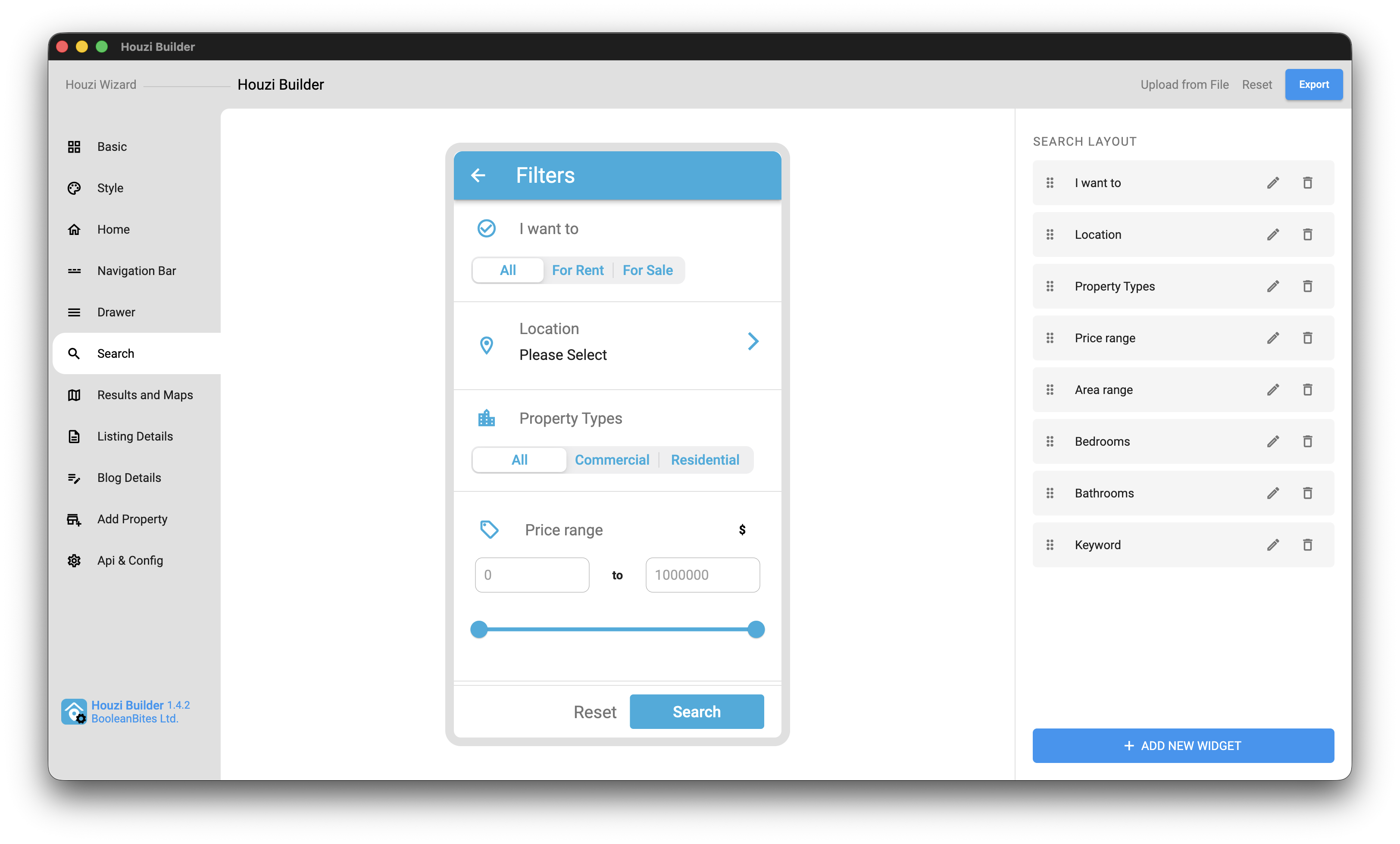 Search tab showing the Filters screen preview alongside a drag-and-drop Search Layout list