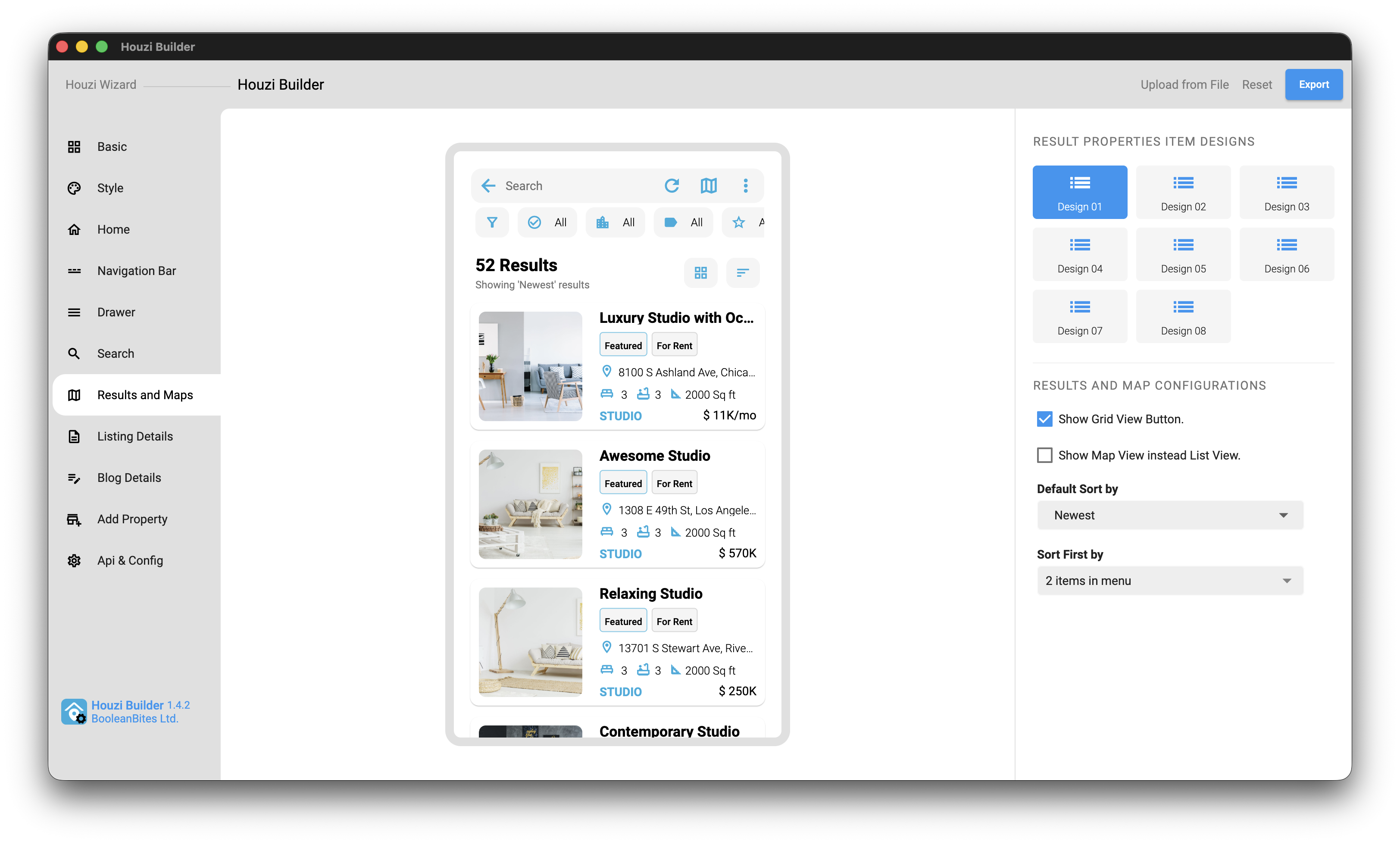 Results and Maps tab with eight selectable result card designs and a list-style preview