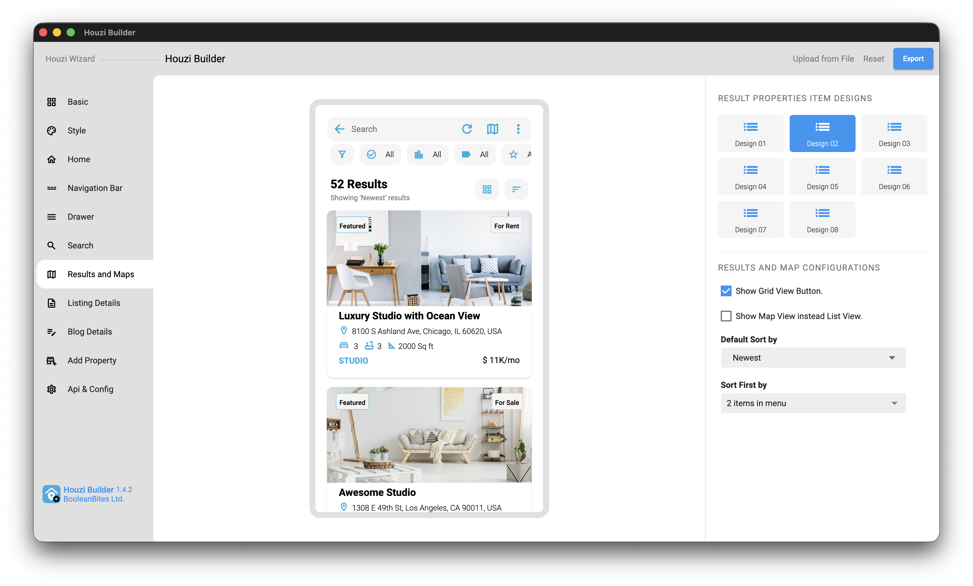 Results and Maps tab with a grid-style property card design selected in the preview