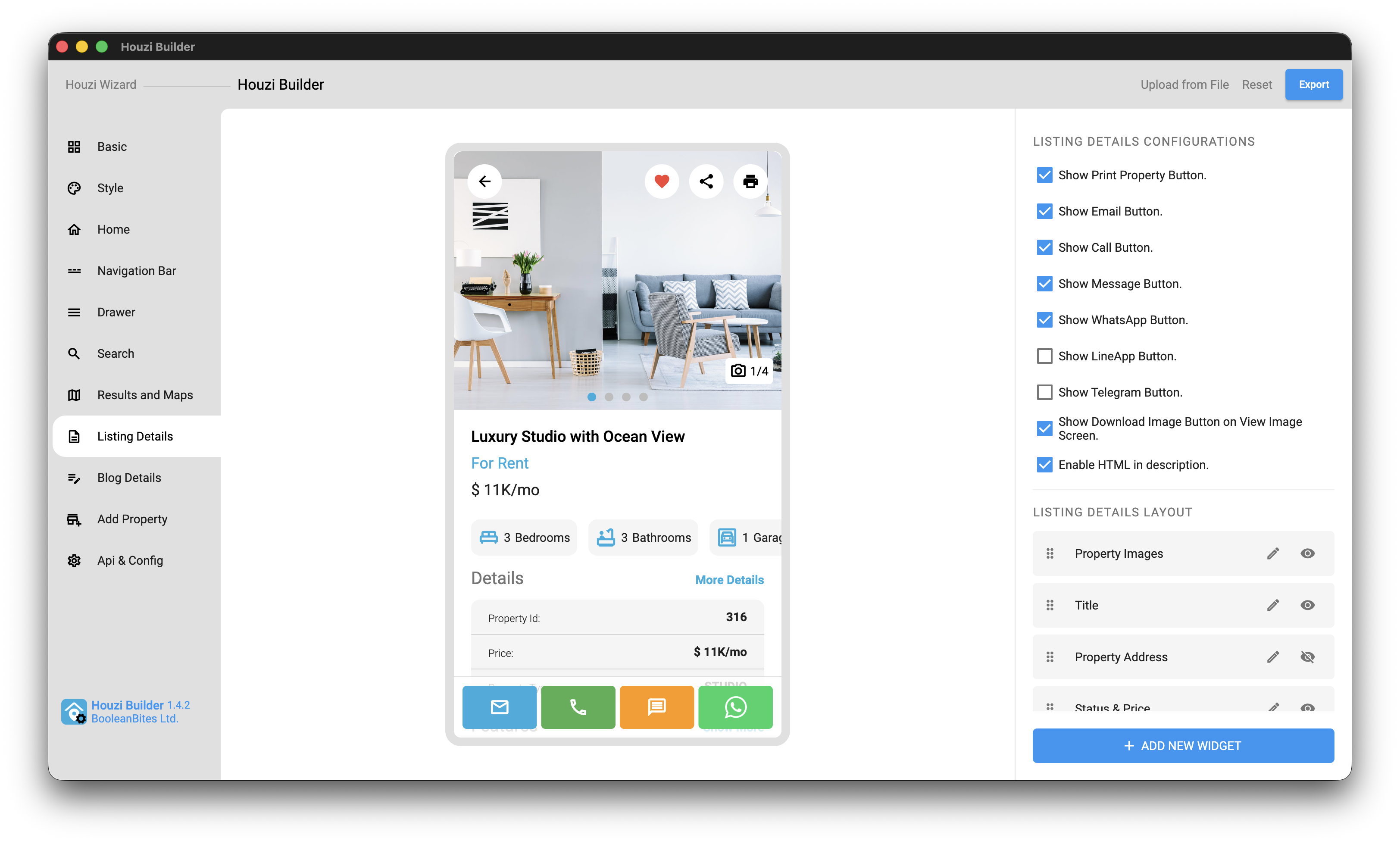 Listing Details tab with contact-button configuration checkboxes and a drag-and-drop Listing Details Layout list