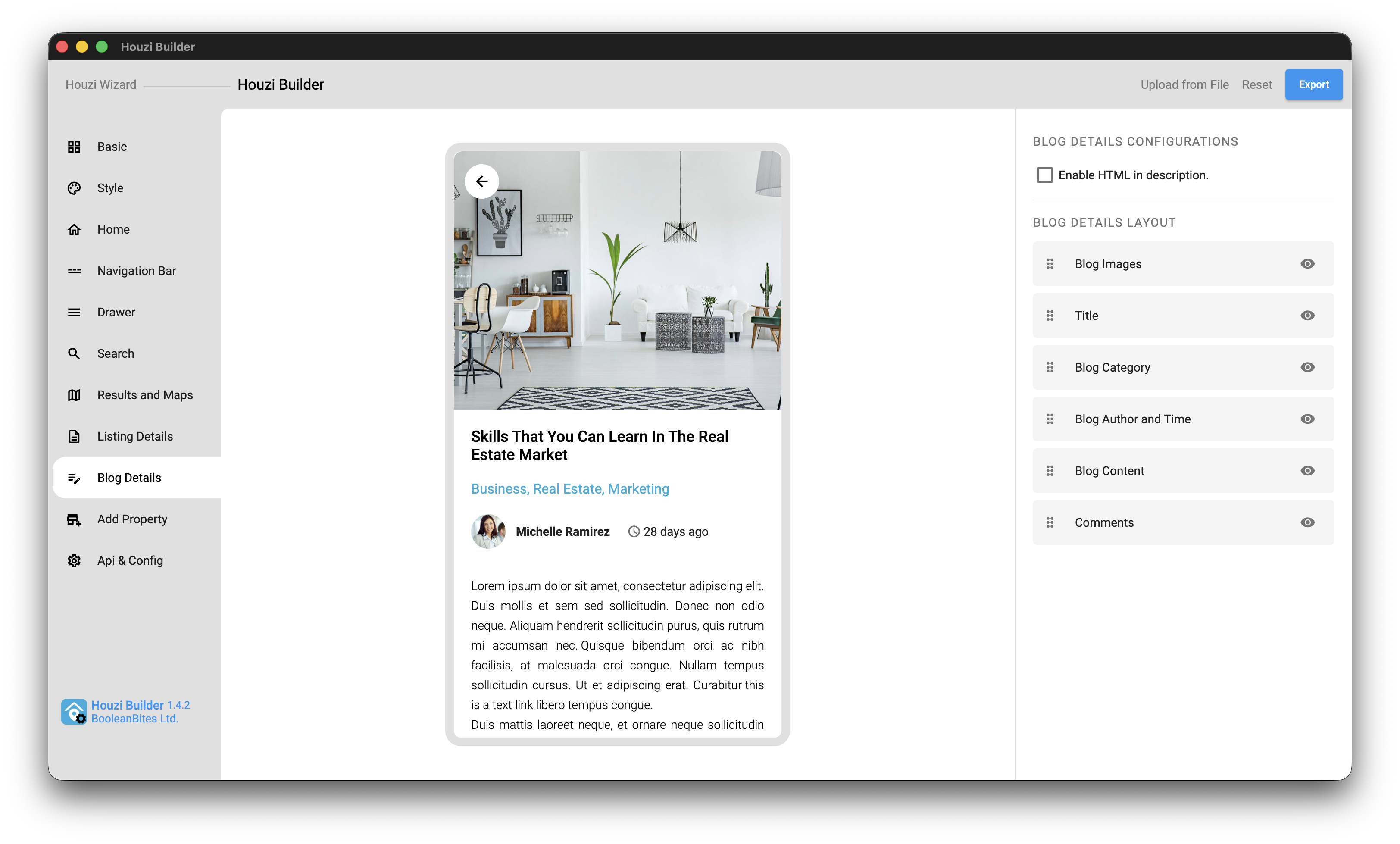 Blog Details tab showing a blog post preview alongside a drag-and-drop Blog Details Layout list