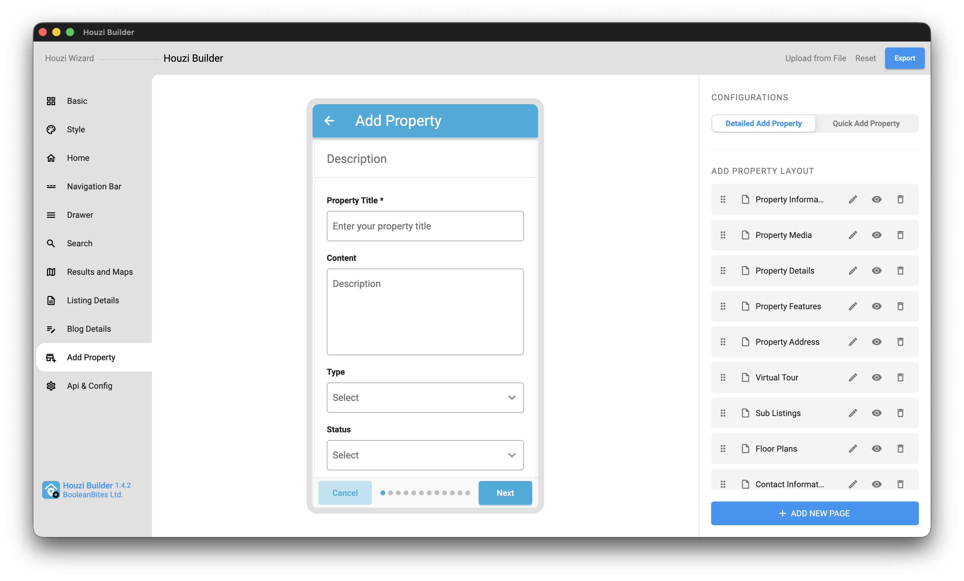 Add Property tab showing the multi-step Add Property form alongside its own page layout list